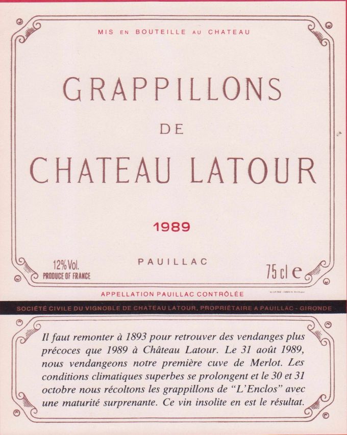 GRAPILLONS DE CHATEAU LATOUR - 1989 - PAUILLAC - 